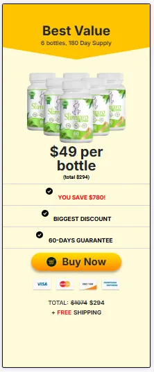 "Advertisement for Slimy Liquid, promoting the best value package with six bottles for a 180-day supply. Highlights include a significant discount, savings of $780, a 60-day guarantee, and free shipping."